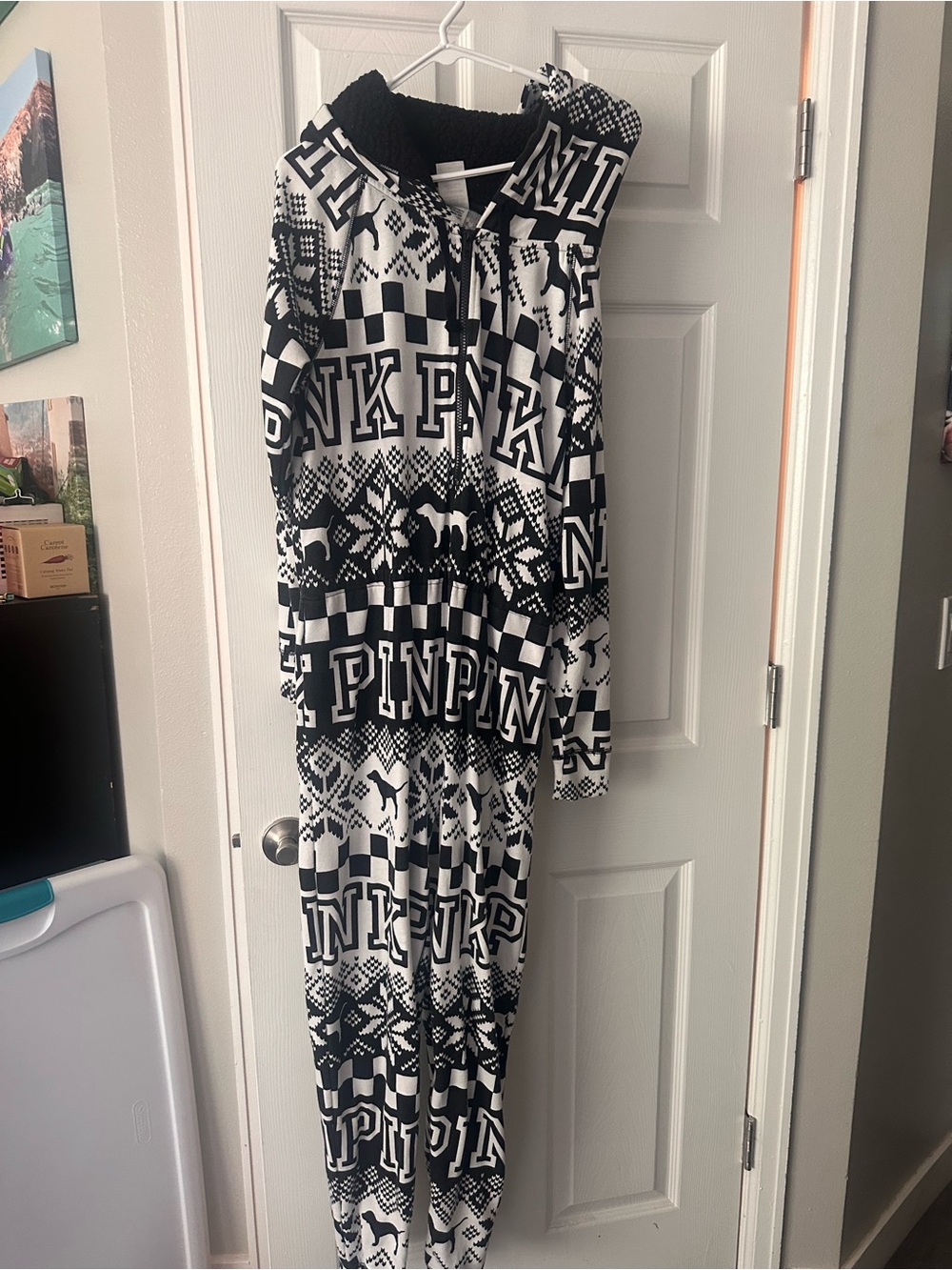 PINK Victoria's Secret Black & White Logo Hooded Kids Onesie Pajama